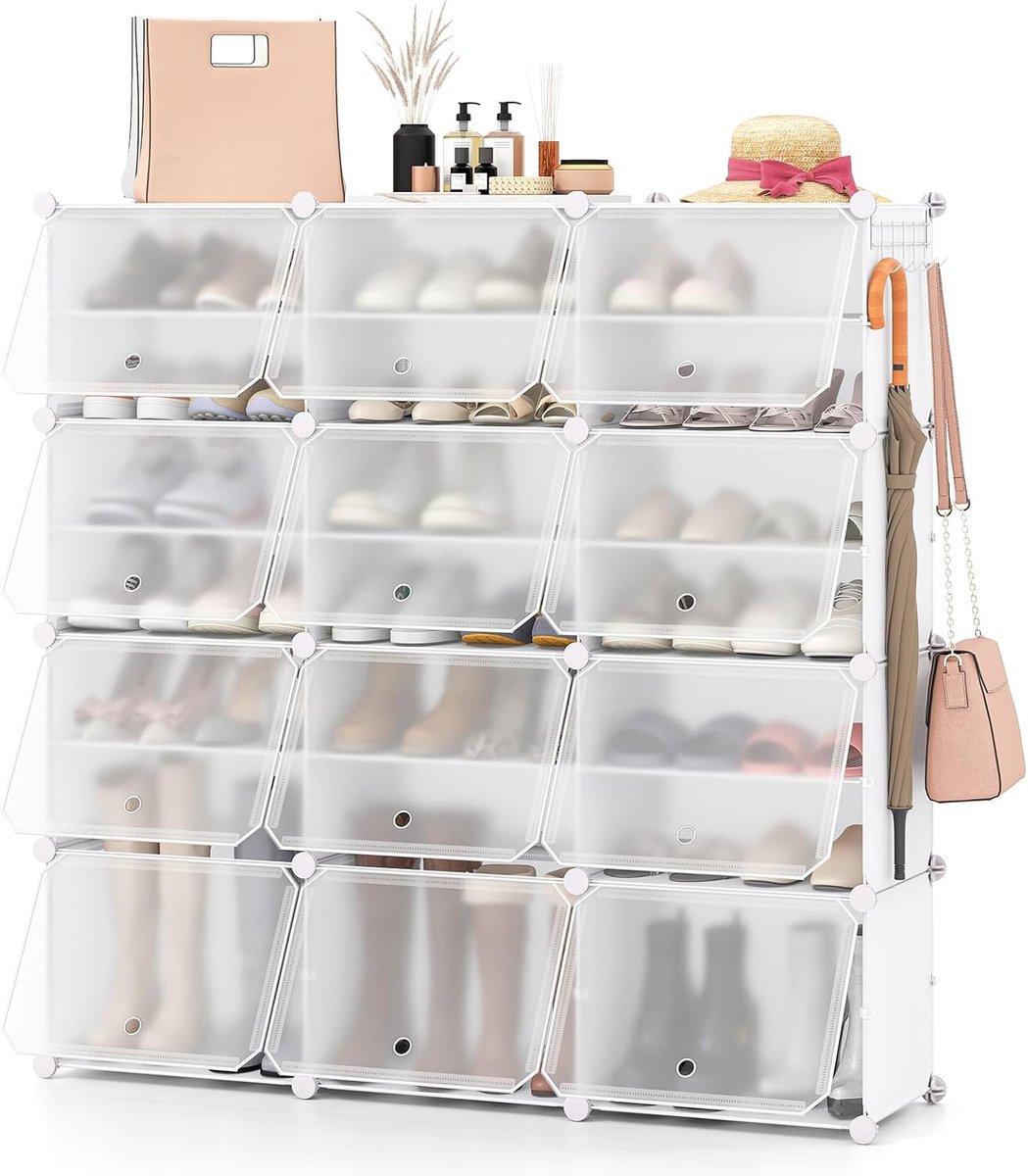 Costway Schoenenrek met 12 vakken, schoenenkast van kunststof voor 48 paar schoenen en laarzen, doe-het-zelf schoenenorganizer met zijhaken, schoenenstandaard voor ingang, hal (wit)