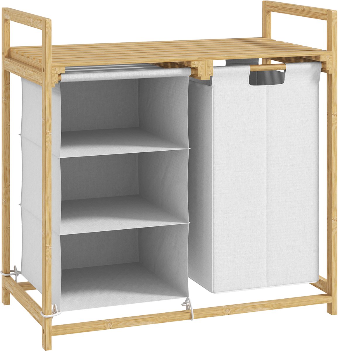 Waskorf - 70 x 36 x 70 cm - 4 Vakken Waskorb met 2 Uittrekbare en Verwijderbare Waszakken - 83L - Bambus - Wit