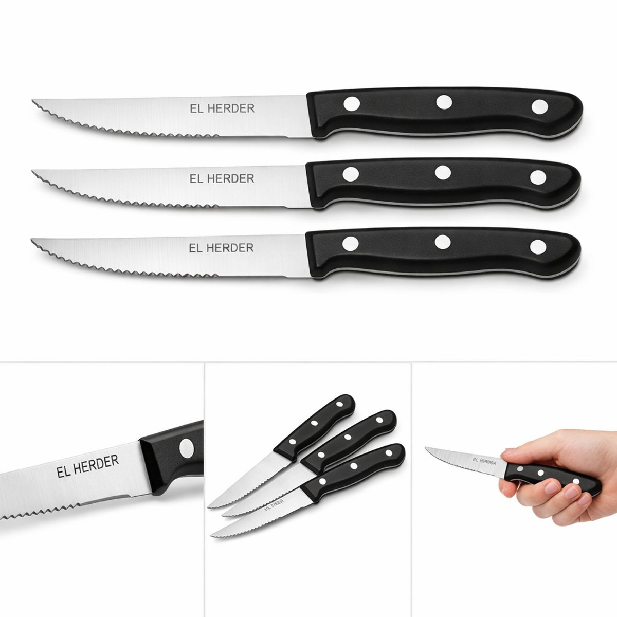 Steakmessen Set van 3 – RVS steakmessen met getand lemmet en kunststof handvat – ideaal voor vlees & diner