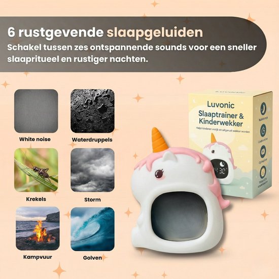 Luvonic® Slaaptrainer - Kinderwekker - Nachtlamp en Wekker - Kindvriendelijke Slaapwekker - Slaaptrainer met Led en Geluid - White Noise - 8 Verschillende Kleuren - Kind/Peuter/Kleuter - Eenhoorn van Luvonic — afbeelding 4