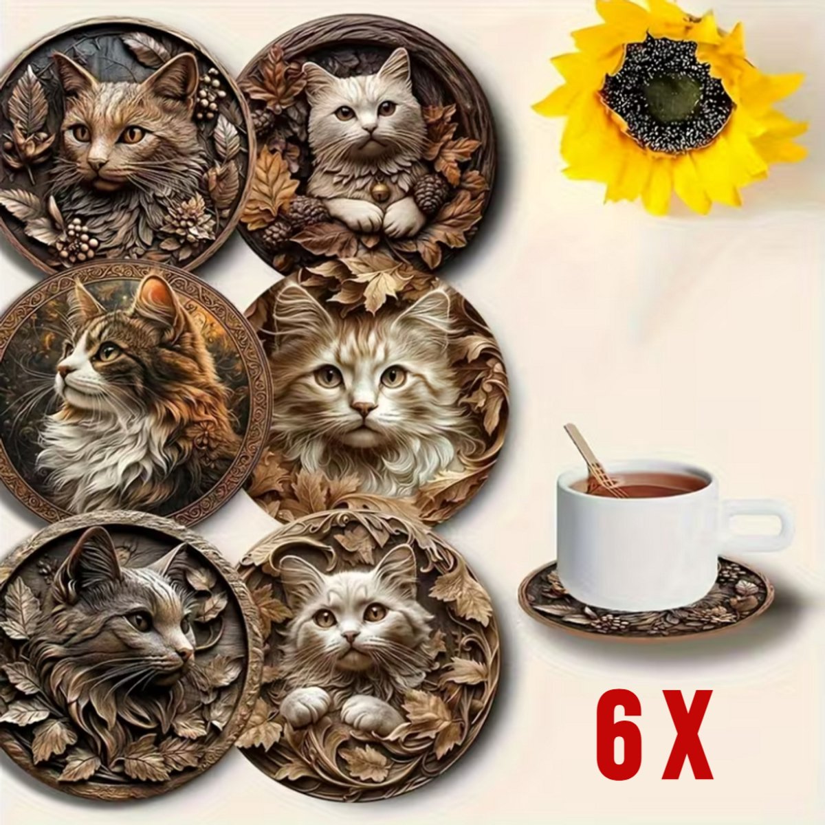 Allernieuwste.nl® 6x Houten Onderzetters met Katjes – Hittebestendig - Decoratief – Vintage Natuurstijl