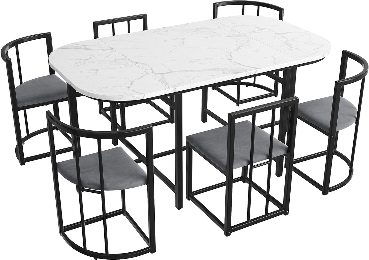 Eettafelset met zes stoelen: (Witte tafel, stoelen met rugleuningen en grijze kussens, zwart ijzeren frame), Eettafel- en stoelenset, Moderne eettafelcombinatie (vorig artikelnummer: 308399408AAS)