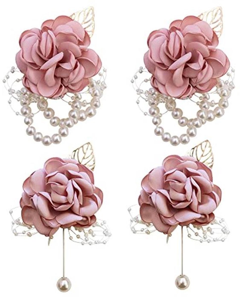 Boutonnière en Polsbloem Roze Rozen voor Bruiloft - 4 Stuks