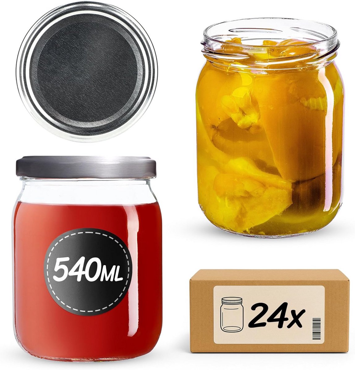 Inmaakpotten 540 ml - Glazen Potten met Schroefdeksel voor Voedselopslag - Set van 24