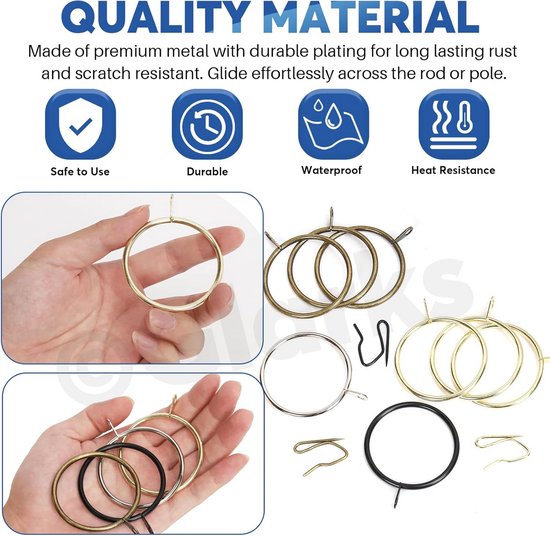 Roxanex 45 stuks metalen gordijnringen- en haakjes, binnendiameter 30 mm, geruisloze ringen voor gordijnroedes, douchegordijnen en draperieën, antiek messing