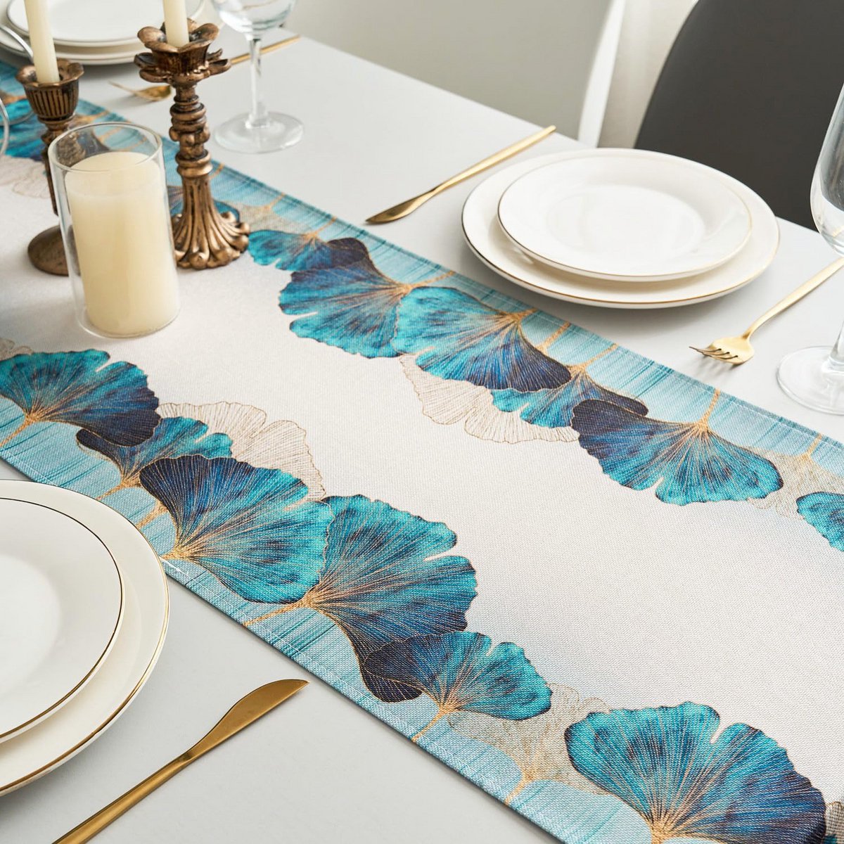 Moderne Tafelloper Groen en Goud met Ginkgo Bladeren - 40x140 cm