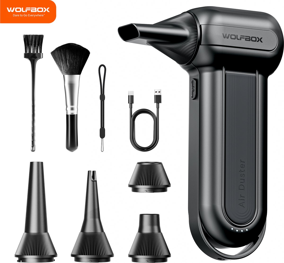 WOLFBOX DF100 Air Duster Draadloos - Oplaadbaar - 150.000 RPM - Perslucht - Compressed Air - Stofreiniger - AirDuster - 3 standen - Oplaadbaar - Stofzuiger - Luchtblazer -Turbo Fan - Voor computer, toetsenbord, buiten, huis en auto