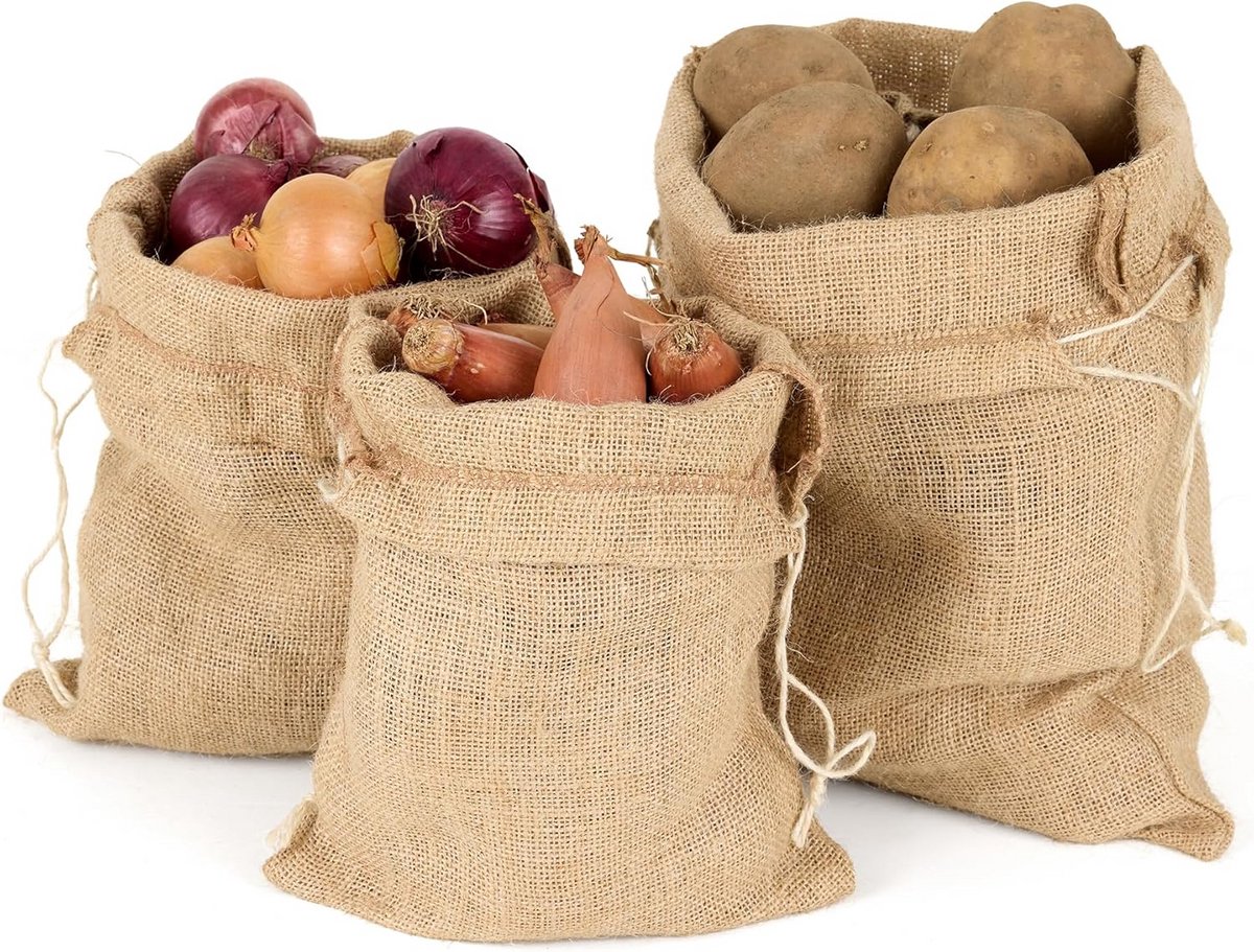 Set van 3 Herbruikbare Jute Zakken voor Opslag Groenten en Fruit