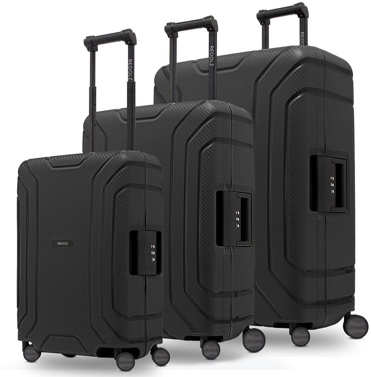 Redolz Essentials 15 4-wiel kofferset 3-delig met driepuntsluiting - Harde bagage - TSA slot - deep black