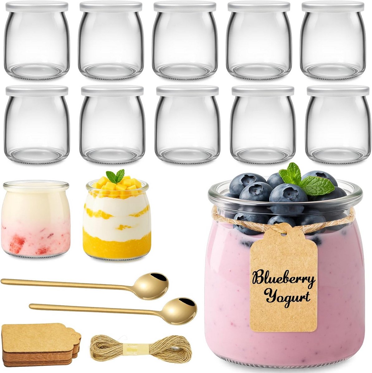 12x Glazen Yoghurtpotjes van 200ml met Deksel, Lepel, Etiket en Koord - Perfect voor Desserts en Bewaren
