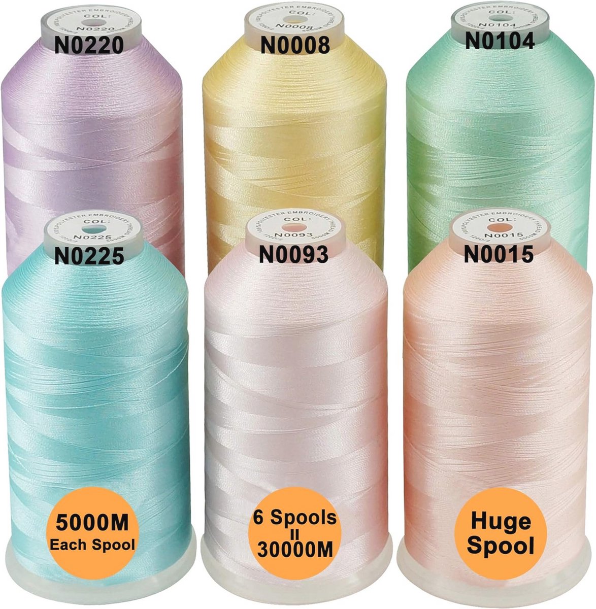 Set van 6 Pastel Kleuren Polyester Borduurgaren 5000M voor Borduurmachines