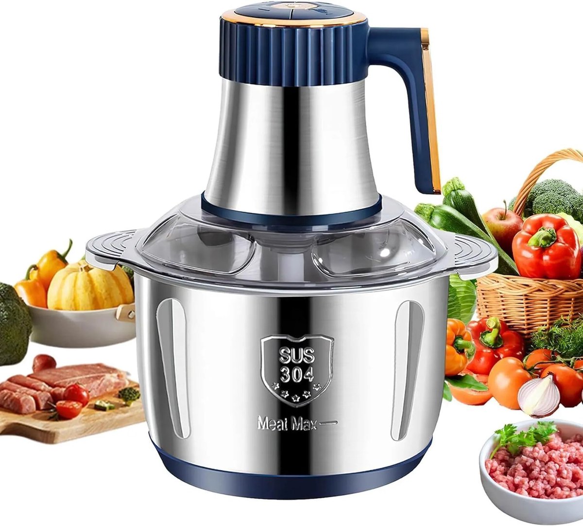 Keukenmachine, multifunctionele keukenmachine, groentesnijder, 500W elektrische multifunctionele snijder, voorzien van een roestvrijstalen kom van 5 liter, geschikt voor het verwerken van vlees, uien en babyvoeding.
