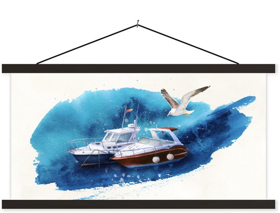 Porte-affiche avec affiche - Affiche scolaire - Bateau - Mer - Aquarelle - 150x75 cm - Lattes noires