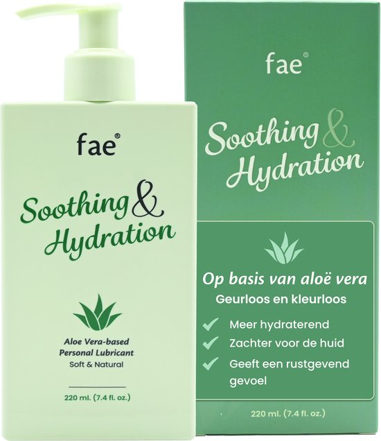 Une bouteille vert pâle de lubrifiant personnel à base d'eau "Soothing & Hydration" avec un distributeur à pompe, à côté de sa boîte assortie.