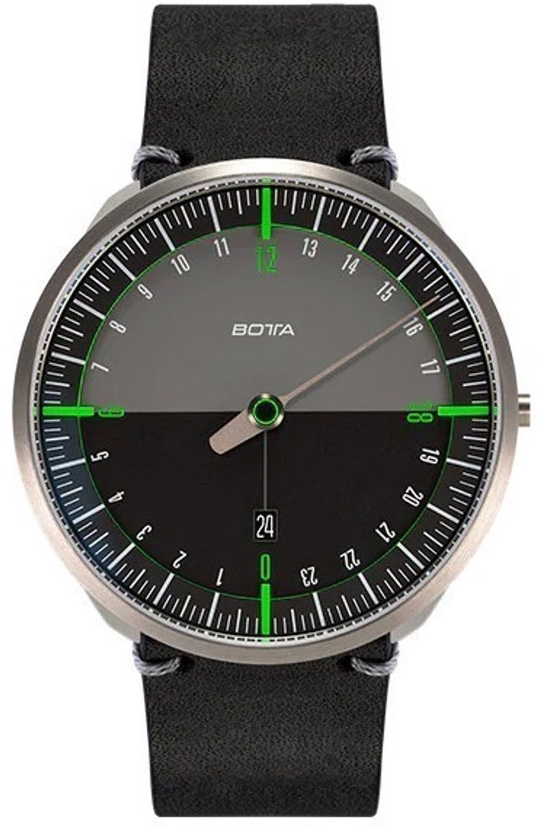 BOTTA Horloge UNO 24 Automatisch 24-uurs - Eenwijzer - Zwart-Groen - Zwart Leren Band - 45 mm