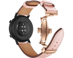 Stravo 20mm Luxe Leren Horlogeband – Geschikt voor Samsung Galaxy Watch 7 / 6 / 5 / 4 (Classic) – Echt Leer Leather Bandje met Roségouden Vlindersluiting – Voor Garmin Vivoactive 5 / 3, Forerunner 245, Venu SQ 2, Vivomove & Huawei - Roze