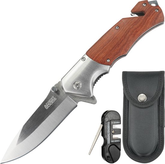 Foto: Adroitgoods rvs zakmes met rozenhouten handgreep incl hoes en slijptool premium opvouwbaar 5cr13 outdoor mes met houten handgreep ideaal voor kamperen dagelijkse taken outdoor gebruik
