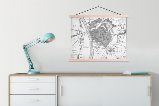 Porte-affiche avec affiche - Affiche scolaire - Carte historique de la ville de Zutphen - noir et blanc - 60x45 cm - lattes vierges