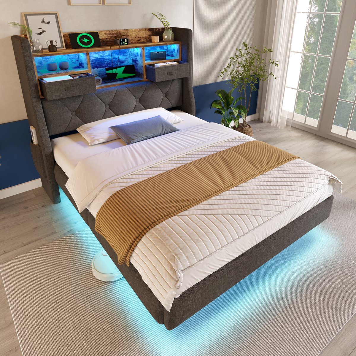 STILVORA Gestoffeerd bed 90x200 cm – Eenpersoonsbed Platformbed – LED & Type-C snellaadpoort – Hoofdeinde-opbergruimte – Linnen – Grijs – Zonder matras