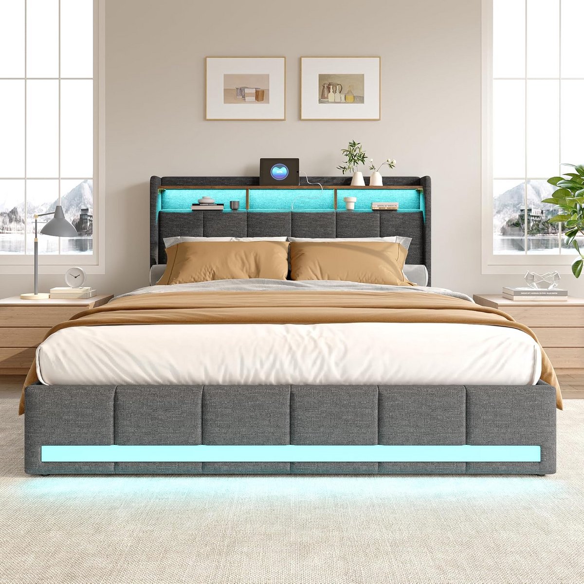 Gestoffeerd Tweepersoonsbed 140x200cm met Opbergruimte, LED-verlichting en USB-oplader - Grijs