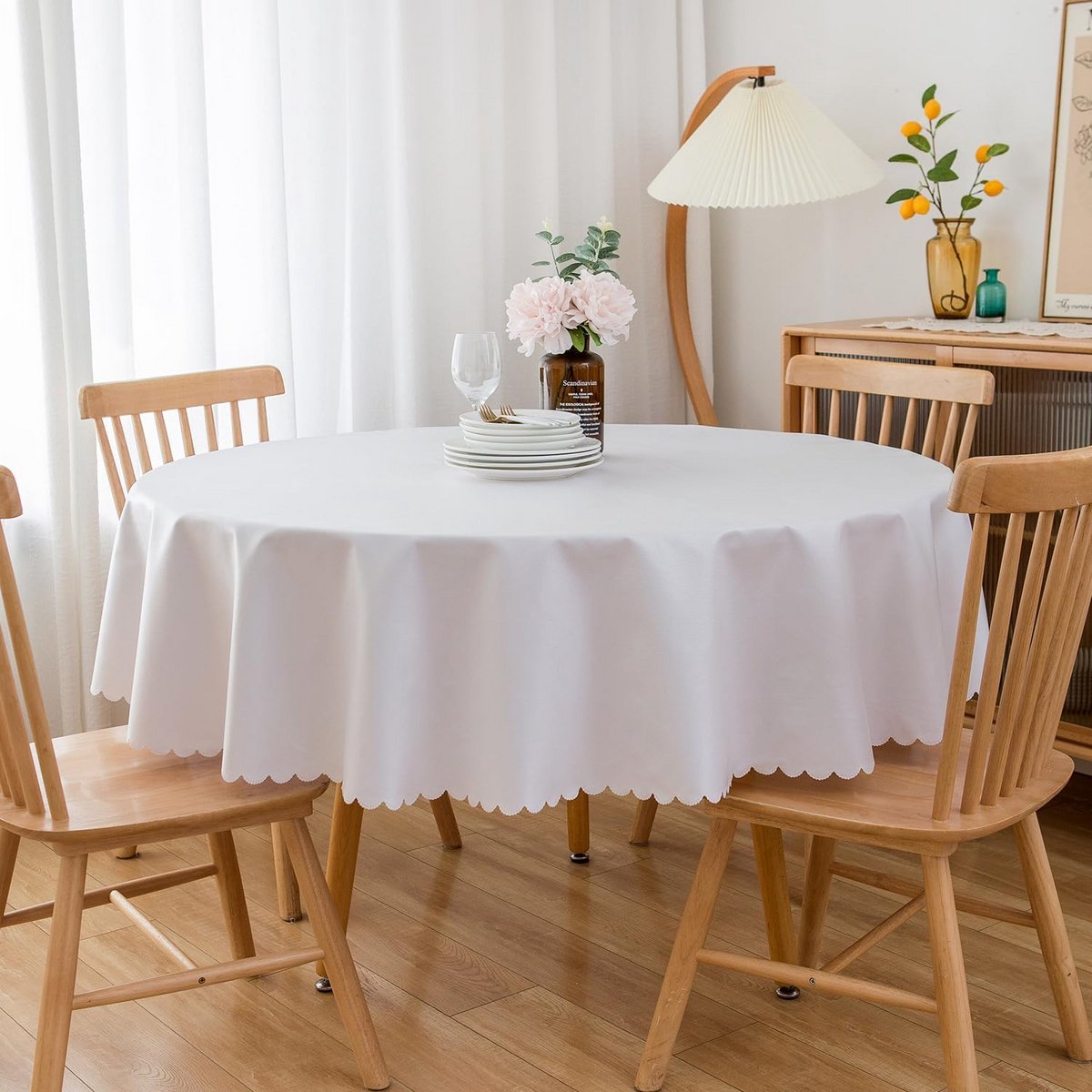 Rond Tafelkleed Katoen Linnen Look Vuilafstotend Wit Diameter 100 cm
