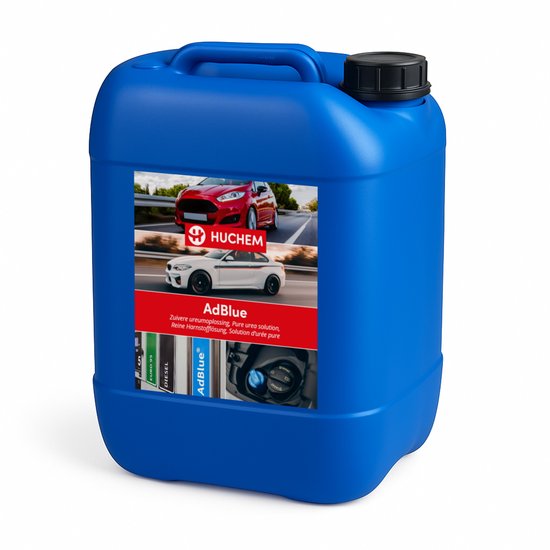 Blauwe jerrycan met AdBlue, met afbeeldingen van een rode en witte auto en de tekst 'AdBlue', 'Zuivere ureumoplossing'.