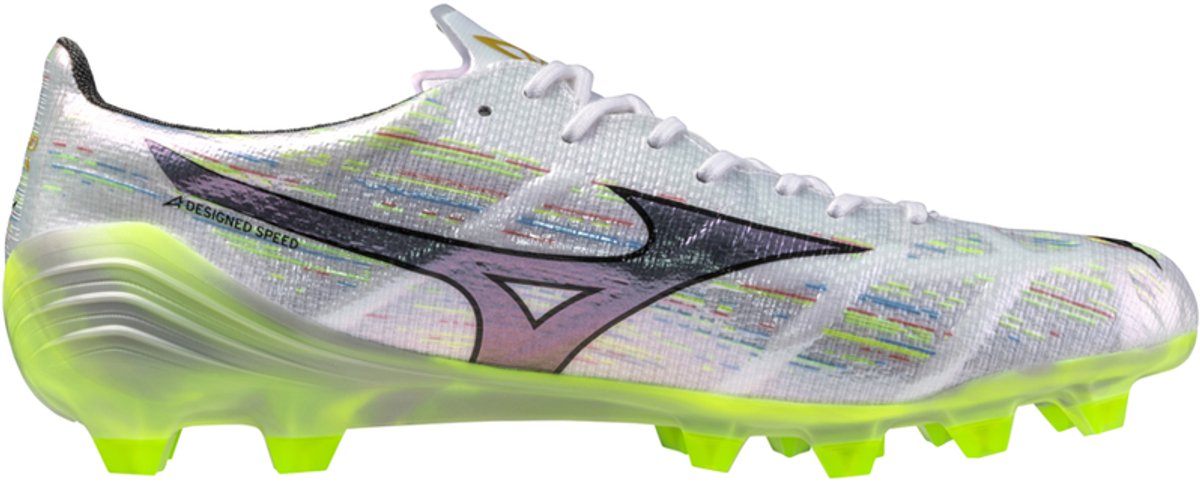 Mizuno Alpha II Elite voetbalschoenen in wit met neonaccenten, ontworpen voor snelheid en optimale pasvorm. EU 44.