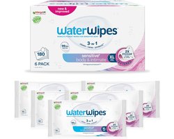 WaterWipes Sensitive+ Body & Intimate Wipes, Lichaams- en intieme doekjes, 180 stuks (6 verpakkingen) – 3-in-1 reinigt, verzorgt & beschermt met 99.9% water. Geurloze, hygiënische doekjes