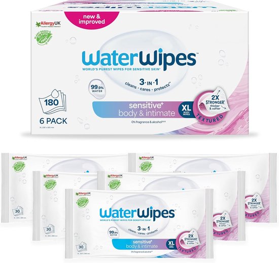 WaterWipes Sensitive+ Body & Intimate Wipes, Lichaams- en intieme doekjes, 180 stuks (6 verpakkingen) – 3-in-1 reinigt, verzorgt & beschermt met 99.9% water. Geurloze, hygiënische doekjes