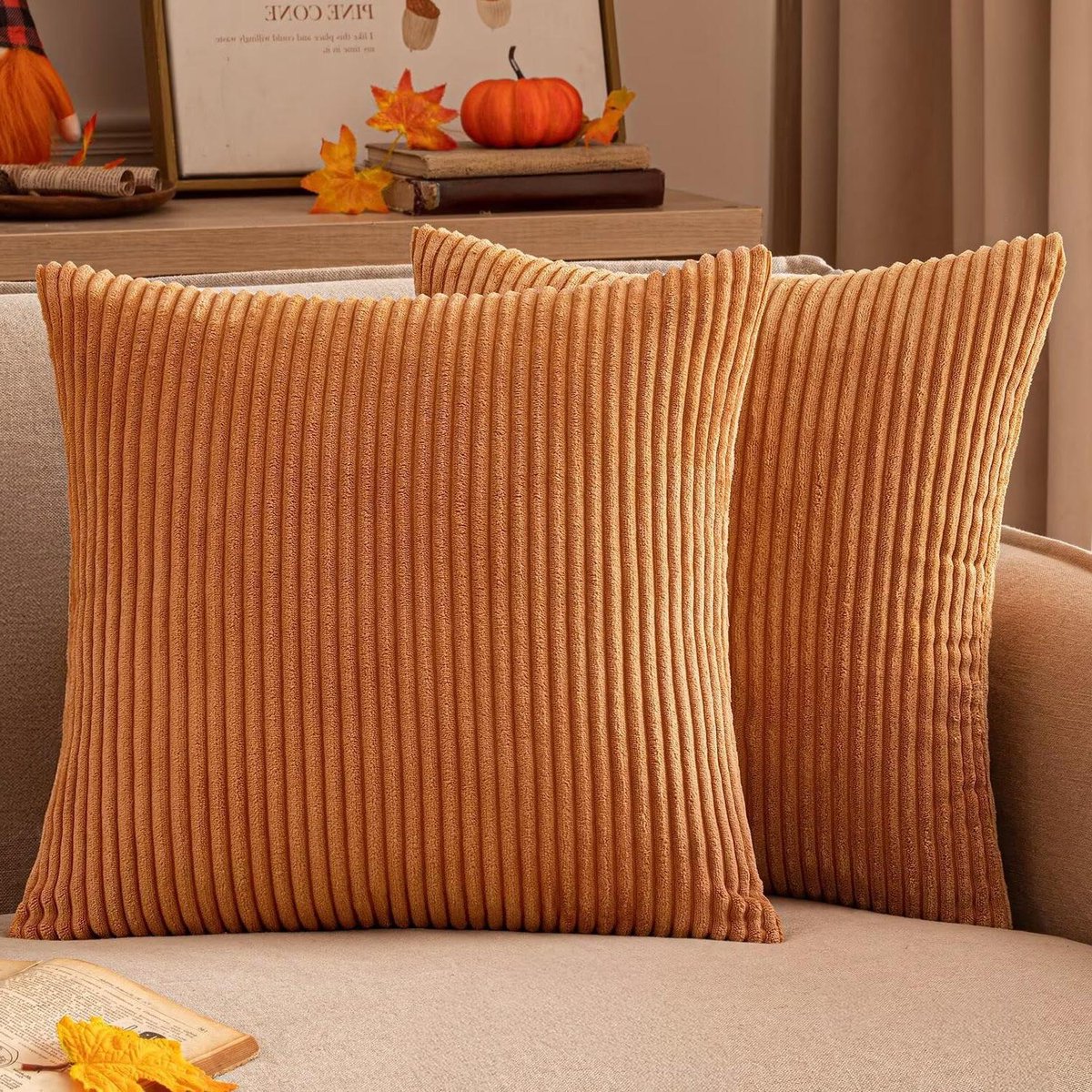Ronte - Ribfluwelen kussensloop voor herfstdecoratie | Zachte sierkussenovertrekken voor bank en stoel | 40 x 40 cm | Verbrand oranje