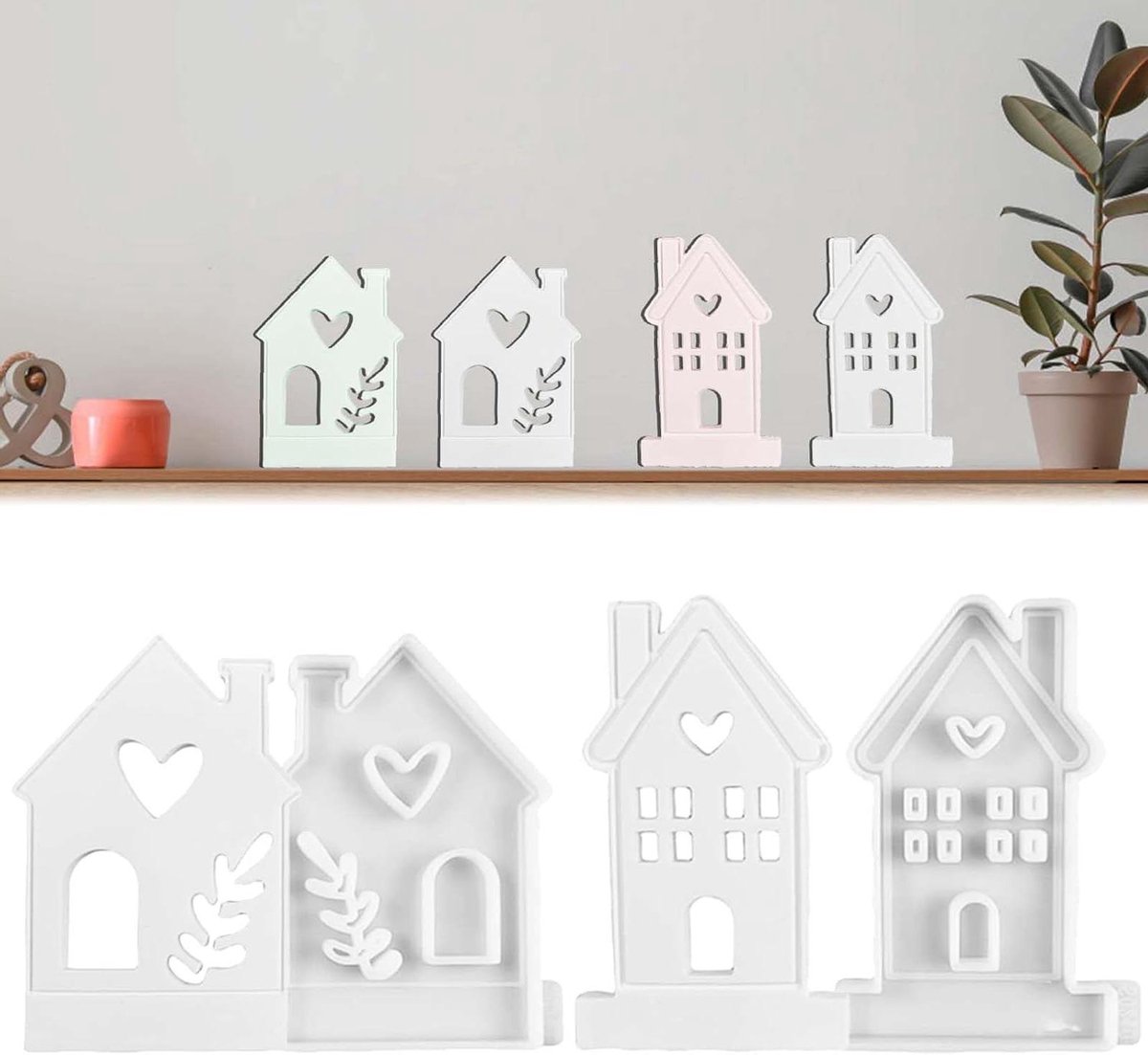 Ronte - Set van 2 siliconen kaarshouders met huisjes en raamvorm, DIY cement kaarsenhouder, herbruikbare siliconen kaarsvormen met zeepmal