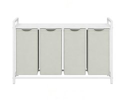Wasmand 4-vaks sorteermand 116×33×72 cm Wit-grijs Met uittrekbare en afneembare waszakken Lattenrek voor ventilatie Stevig metalen frame Geschikt voor wasruimte, badkamer en slaapkamer