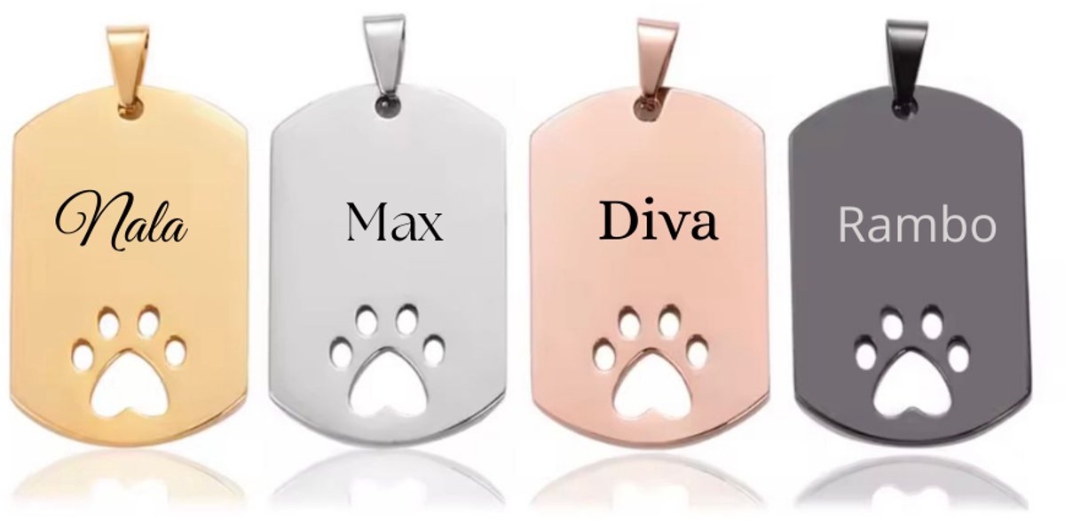 Hondenpenning Huisdierpenning Dogtag - Hondenpenning inclusief Graveren - Rechthoekige Dogtag met hondenpoot - Zwart - Petshop Seven®