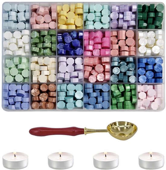 400-delige Zegelwax Kralenset – 24 Kleuren + Kattenpootstempel & Gouden Kristallen Bal, Voor Kerstkaarten En Uitnodigingen