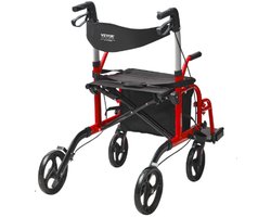 ROOTY Rollator - Rollator lichtgewicht en opvouwbaar - Rolstoel - Rollators binnen en buiten - 2-in-1 combinatie - Rood - Aluminium