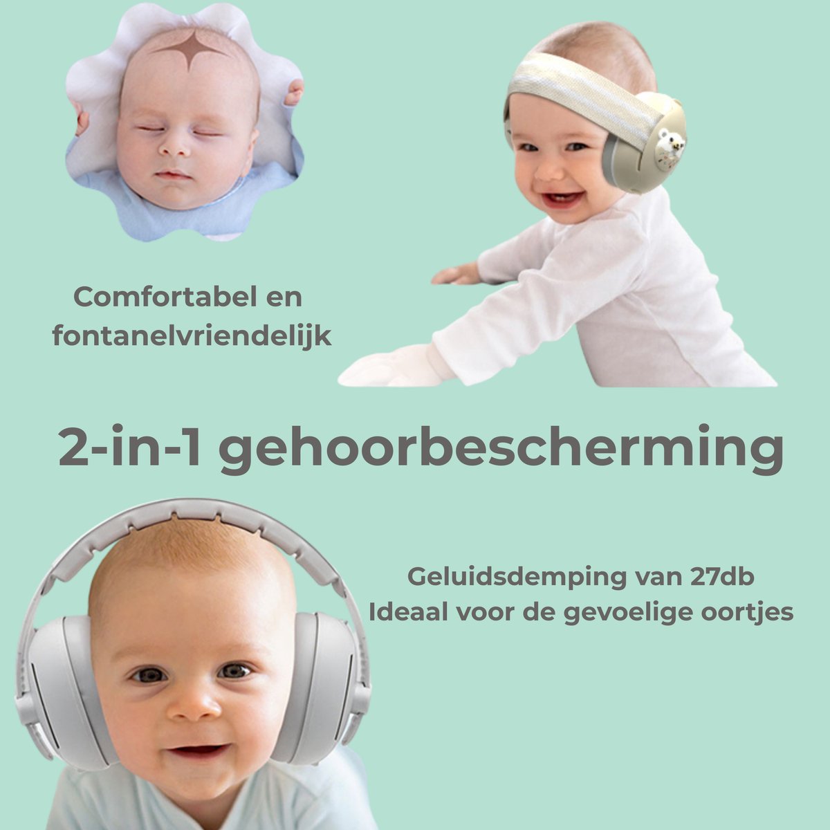 KM Gehoorbescherming baby - gehoorbescherming kind - 0 ‑ 4 jaar – 2 ‑ in ‑ 1 oorkappen – SNR 27 dB – Drukvrije Zachte Babyband – Verstelbare & Comfortabele Oorkappen – Duurzaam - Baby & Peuter- Beige – foto 3