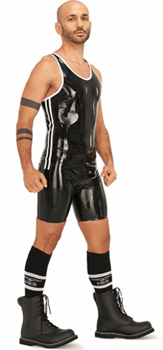 Mister b rubber muscle shirt black white large