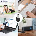 Collage: Vrouw met koptelefoon bij laptop, Bluetooth adapter, handen op toetsenbord en muis, smartphone aangesloten op laptop, Bluetooth speaker.