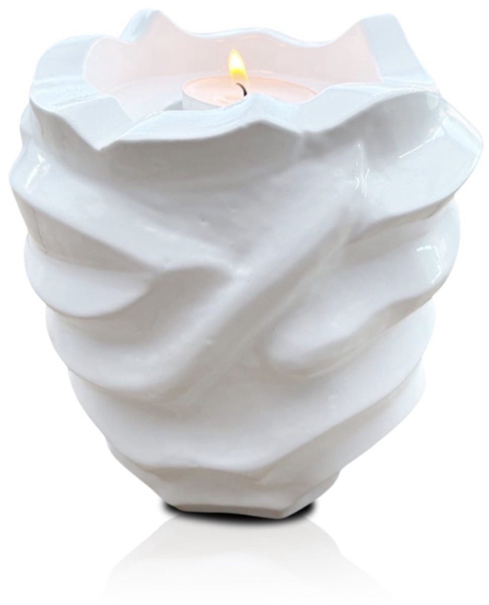 Akerz Witte Ronde Urn met Waxinelichthouder – Luxe 600 ml Herinneringsurn – Moderne Metalen Gedenkurn met Theelichthouder – 15 cm Hoog, 13 cm Diameter – Stijlvolle Bewaarurn voor As