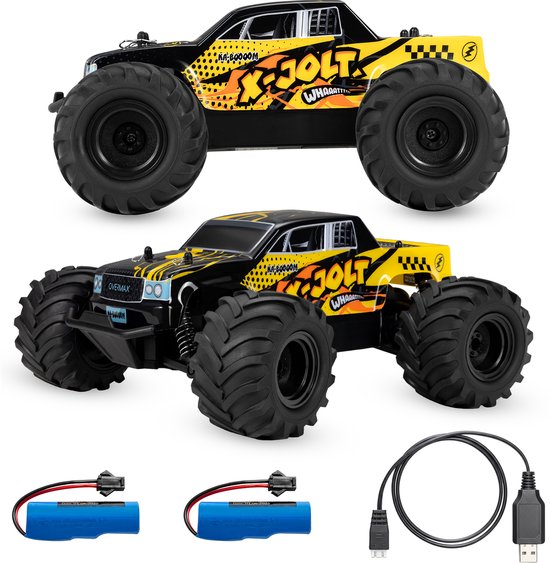 Overmax X-Jolt RC Auto – 20 km/u – Achterwielaandrijving, 2 Accu’s tot 30 min Rijtijd, Vering, Stootbumper, Offroad Banden, Plooibare Snelheidsregeling, Ergonomische Afstandsbediening – Racewagen voor Kinderen & Volwassenen