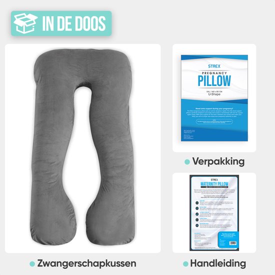 Grijs U-vormig zwangerschapskussen, afgebeeld met verpakking en handleiding.