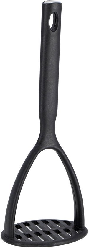 Un écrase-pommes de terre noir Brabantia, complet avec manche et piston à motif quadrillé.