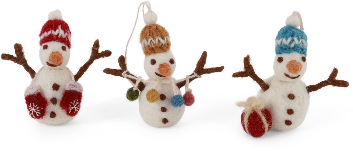 Vilten Sneeuwpophangers 3 stuks - Gry and Sif - Sneeuwpopjes van Vilt - Vilten Hangers Kerst - Kerstcadeau versturen - Kerstornament vilt - Kerstboom Versiering - Sneeuwpop Hangers