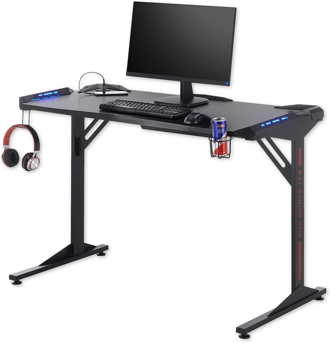 Gamingtafel met LED-verlichting en USB-poorten - Zwart Carbon-look 119x78x60 cm