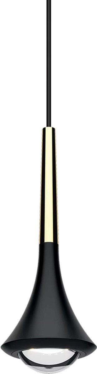 Lumiasfer - Pendellamp 'Bolinus' - slanke LED hanglamp met bolle lens - mat zwart/goud - 5W - warm wit licht (3000K) - voor horeca, hotel, thuis, praktijk