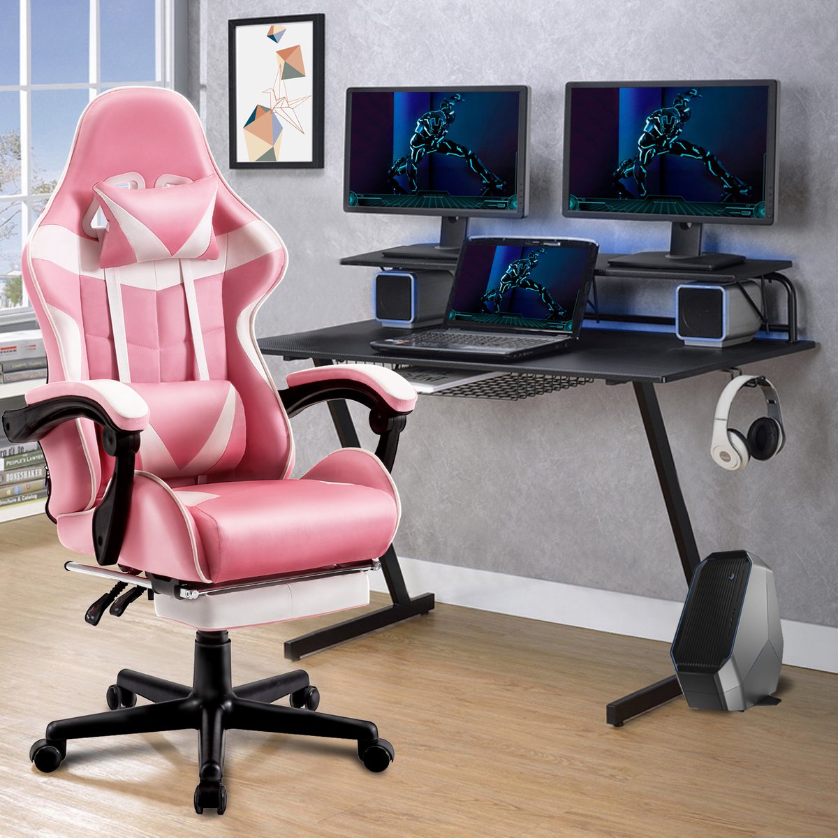 Soontrans Roze-Gaming Stoel met Inklapbare Voetensteun, - afbeelding 2