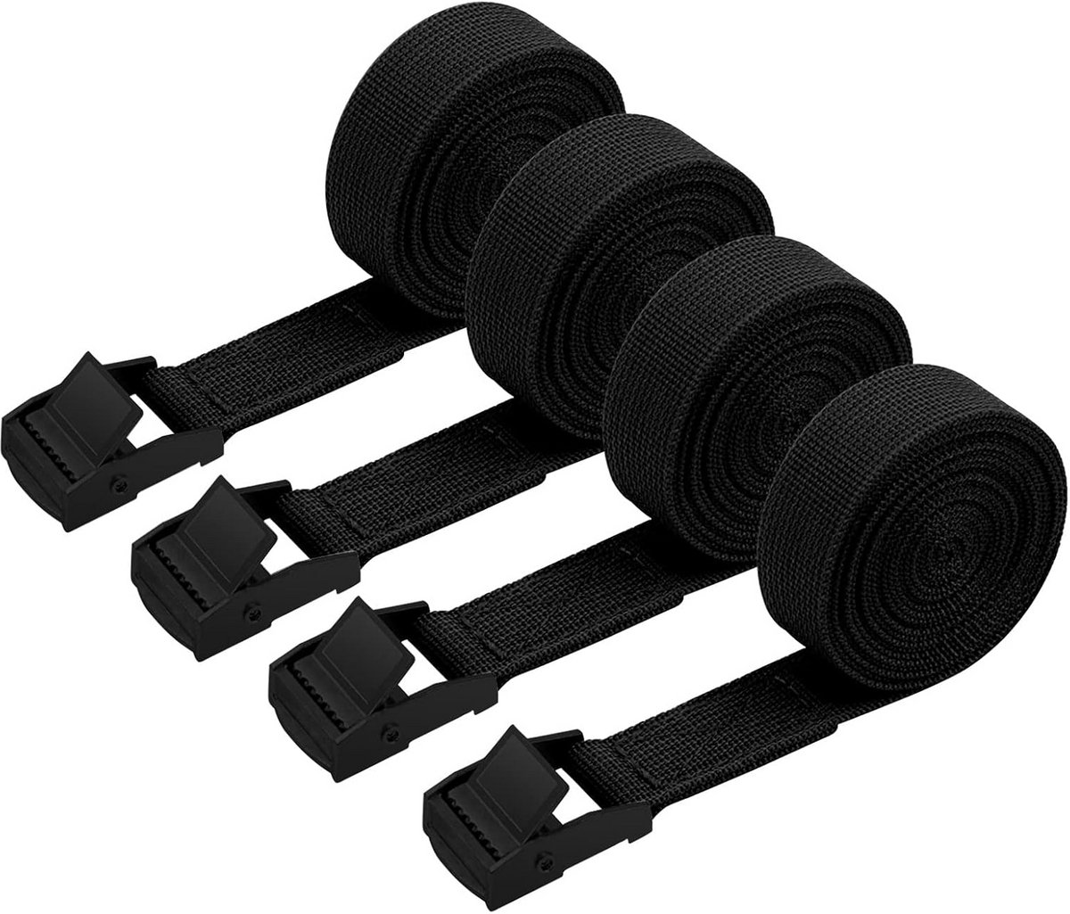 Zwarte Nylon Sjorbanden 3 m - 4 stuks - Motorfiets Fiets Camper