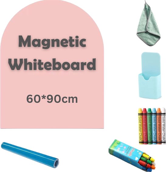 Roze boogvormig magneetbord, 60*90cm, met krijt, penhouder en poetsdoek. Inclusief blauwe rol.