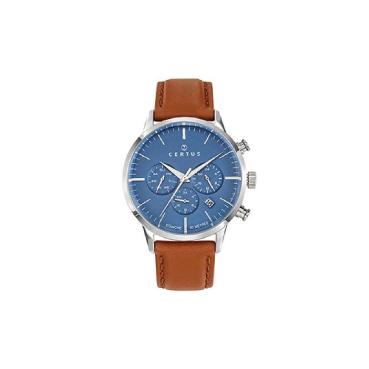 Certus-model 611141-horloge-heren-chronograaf-datum-zilverkleurig-cognac kleurig lederen band-blauwe wijzerplaat-diameter 41 mm-5 atm waterdicht-Diameter 41 mm-made in France