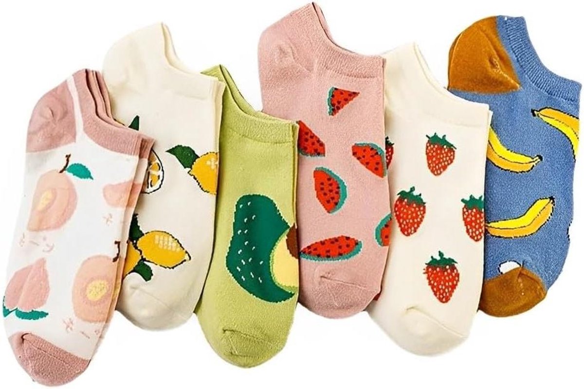 Ronte - Leuke sneakersokken voor dames en meisjes met fruitprint - Set van 6 - Katoenen vrijetijdssokken